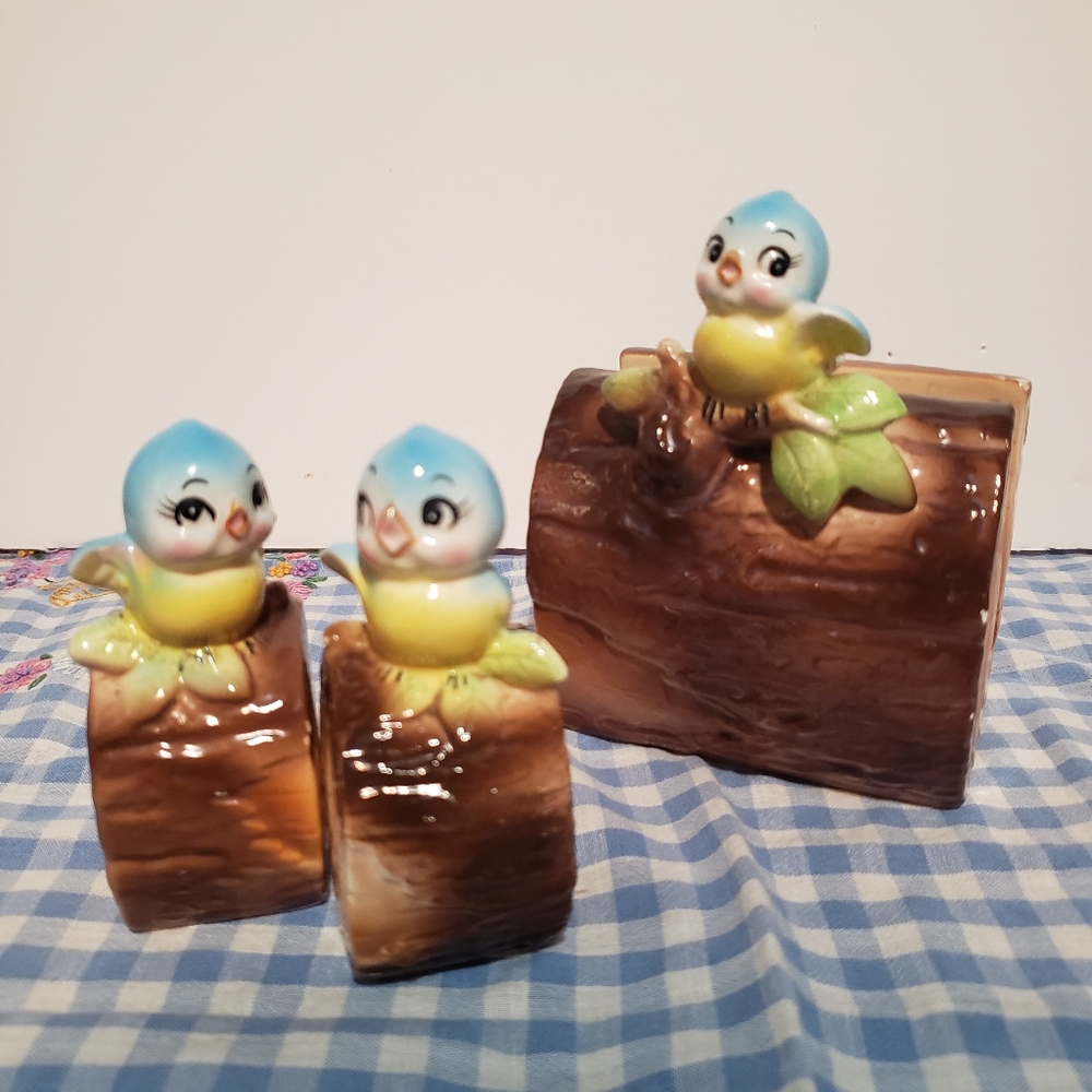 Vintage Bluebird on Log Norcrest Napkin Holder & Shakers